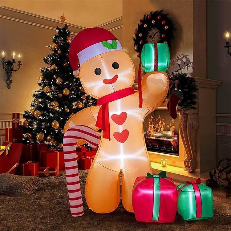 8FT/2.4m Lighted Inflatable Gingerbread Man Christmas Decoration with Candy Cane &amp; Gift Boxes, Outdoor Indoor Holiday Yard Lawn Display with Built-in LED Lights