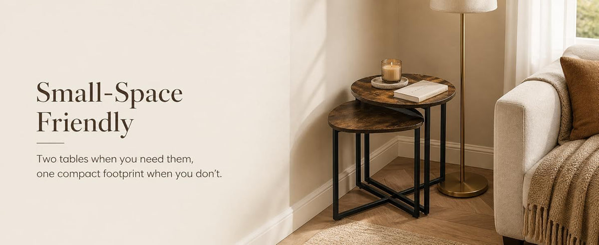 Nesting Side Tables Set of 2, Round End Tables with Rustic Brown Wood Look Top and Black Metal Frame, Space Saving Accent Coffee Tables for Living Room, Bedroom, Sofa Side, Bedside, Small Spaces