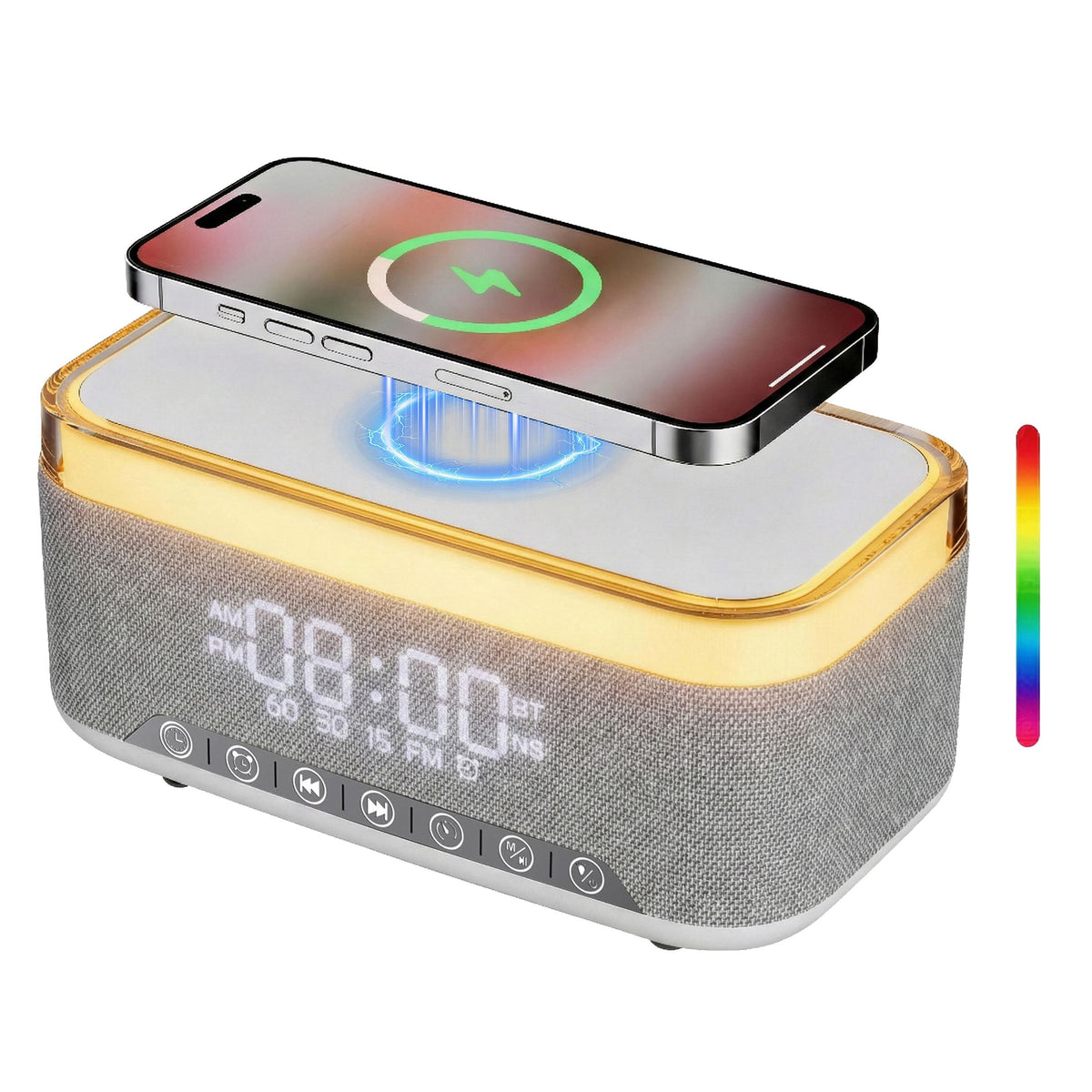 15W Fast Wireless Charging Alarm Clock with Bluetooth Speaker, White Noise Mochine &amp; RGB Night Light, 6-in-1 Digital Bedside Alarm Clock Radio for Bedroom, Grey