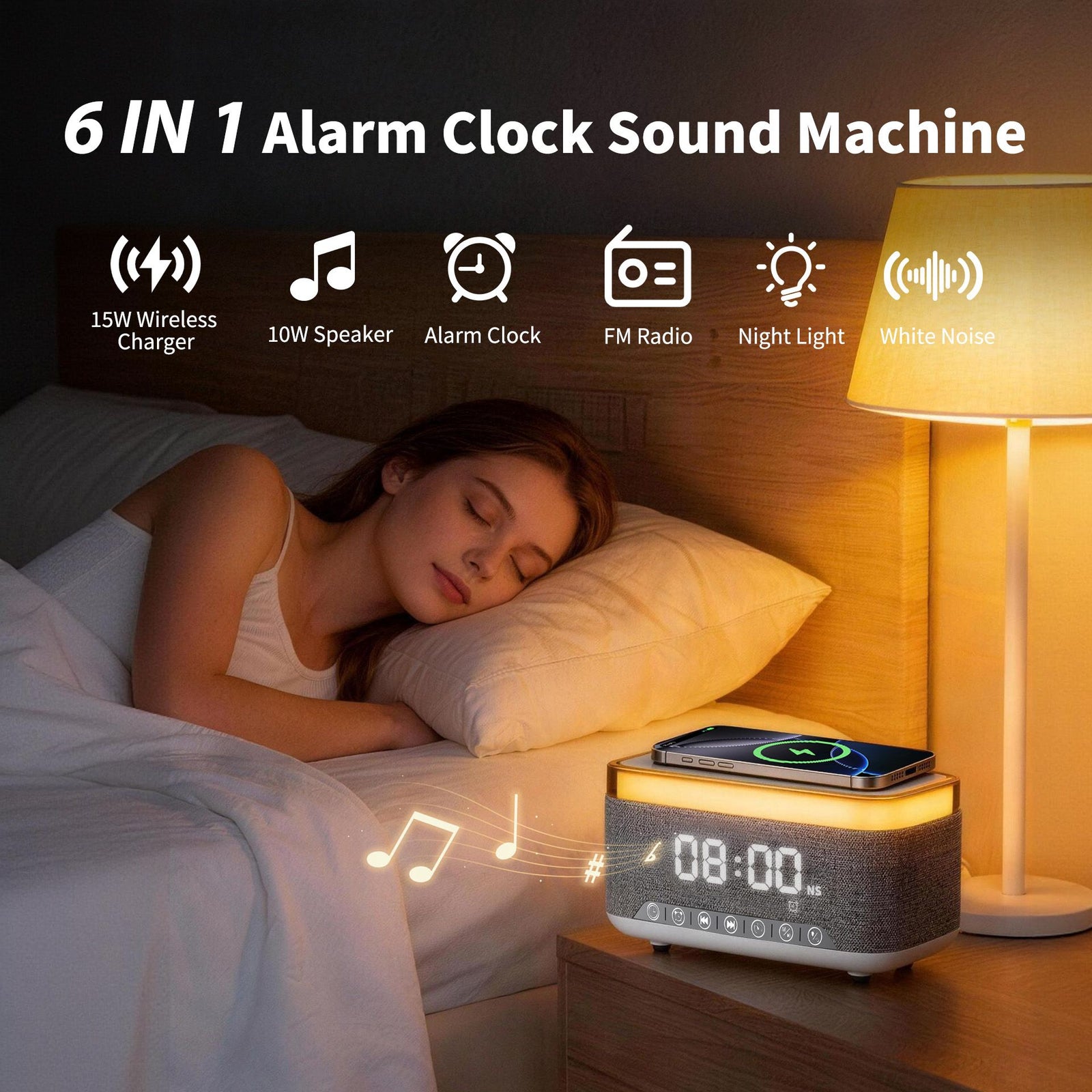 15W Fast Wireless Charging Alarm Clock with Bluetooth Speaker, White Noise Mochine & RGB Night Light, 6-in-1 Digital Bedside Alarm Clock Radio for Bedroom, Grey
