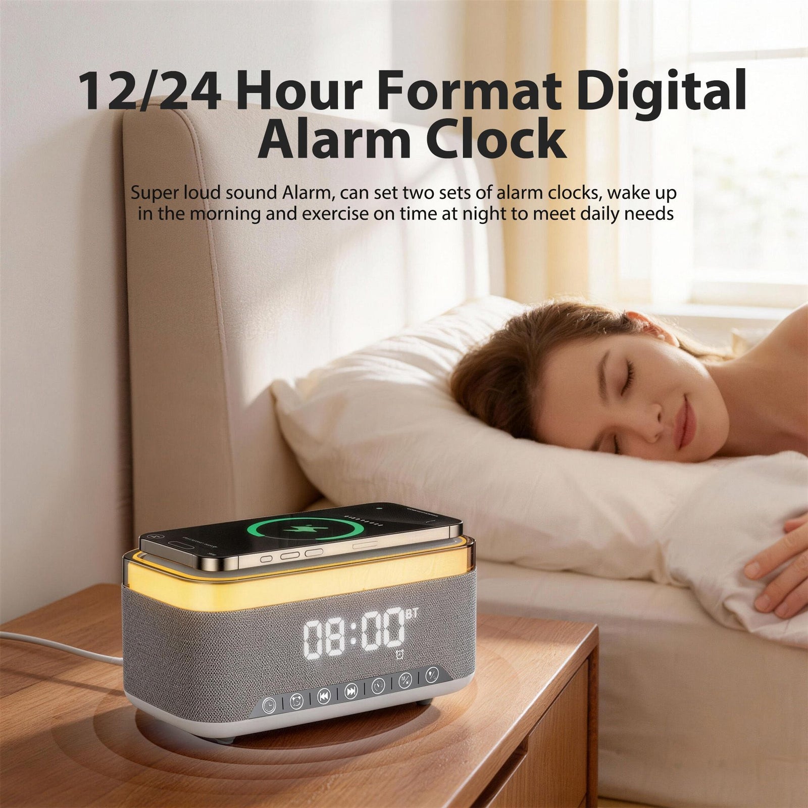 15W Fast Wireless Charging Alarm Clock with Bluetooth Speaker, White Noise Mochine & RGB Night Light, 6-in-1 Digital Bedside Alarm Clock Radio for Bedroom, Grey