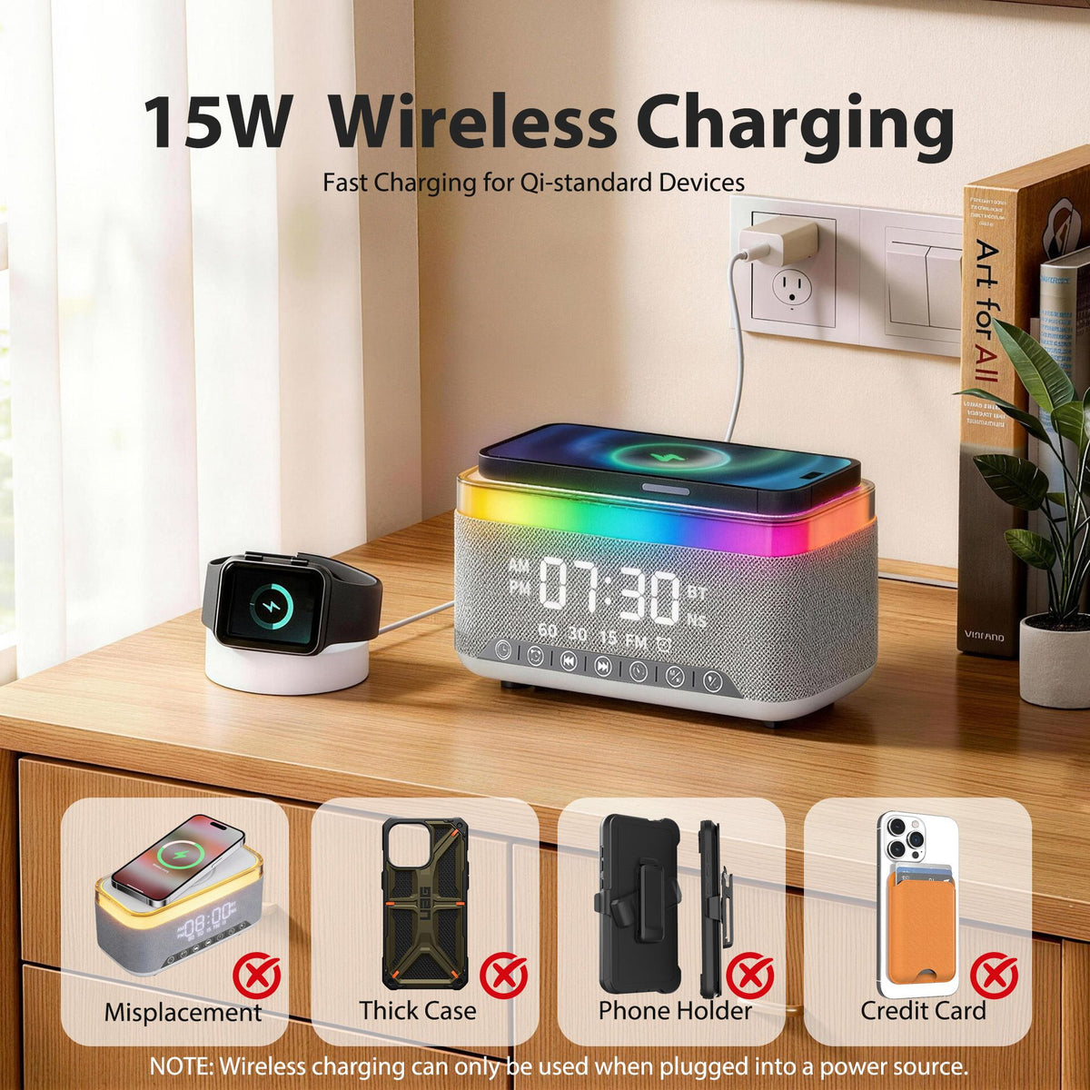 15W Fast Wireless Charging Alarm Clock with Bluetooth Speaker, White Noise Mochine & RGB Night Light, 6-in-1 Digital Bedside Alarm Clock Radio for Bedroom, Grey