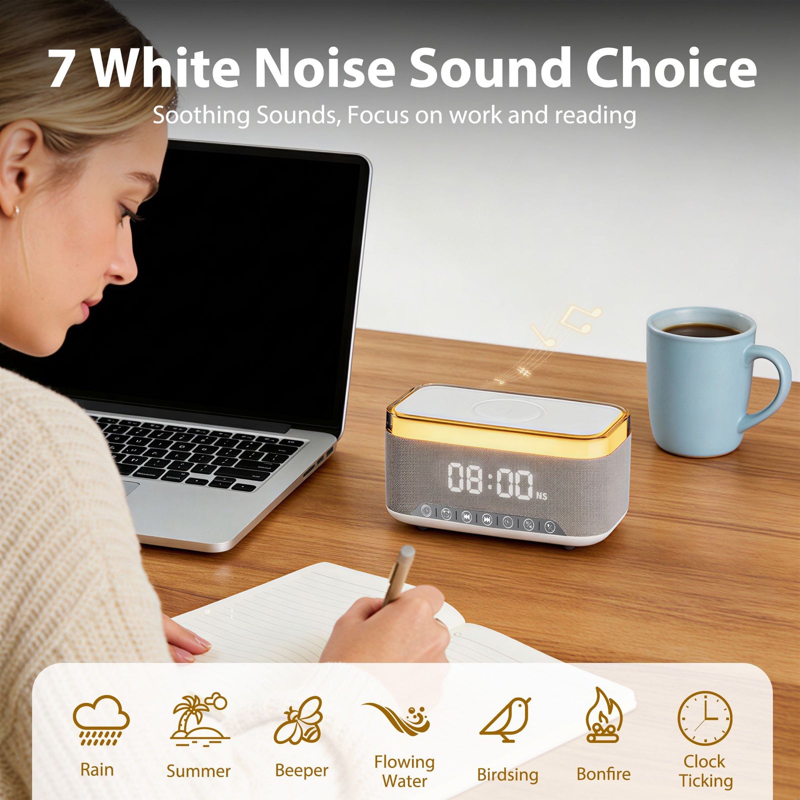 15W Fast Wireless Charging Alarm Clock with Bluetooth Speaker, White Noise Mochine & RGB Night Light, 6-in-1 Digital Bedside Alarm Clock Radio for Bedroom, Grey