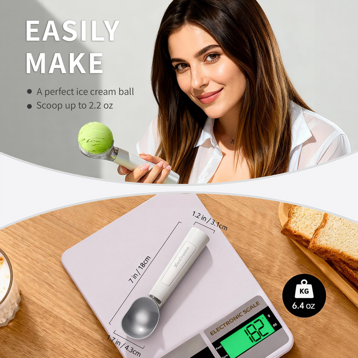 Heated Ice Cream Scoop, Rechargeable Electric Warming Scooper, Heats to for Hard Ice Cream, Waterproof, Easy for Seniors & Kids (White，17.8*4.3cm)