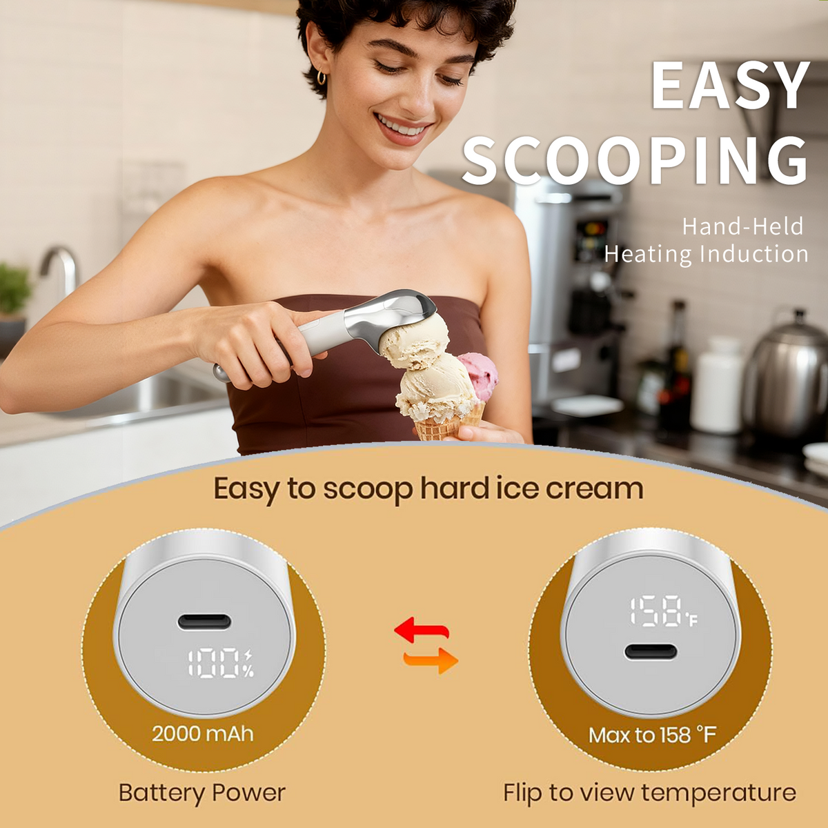 Heated Ice Cream Scoop, Rechargeable Electric Warming Scooper, Heats to for Hard Ice Cream, Waterproof, Easy for Seniors & Kids (White，17.8*4.3cm)