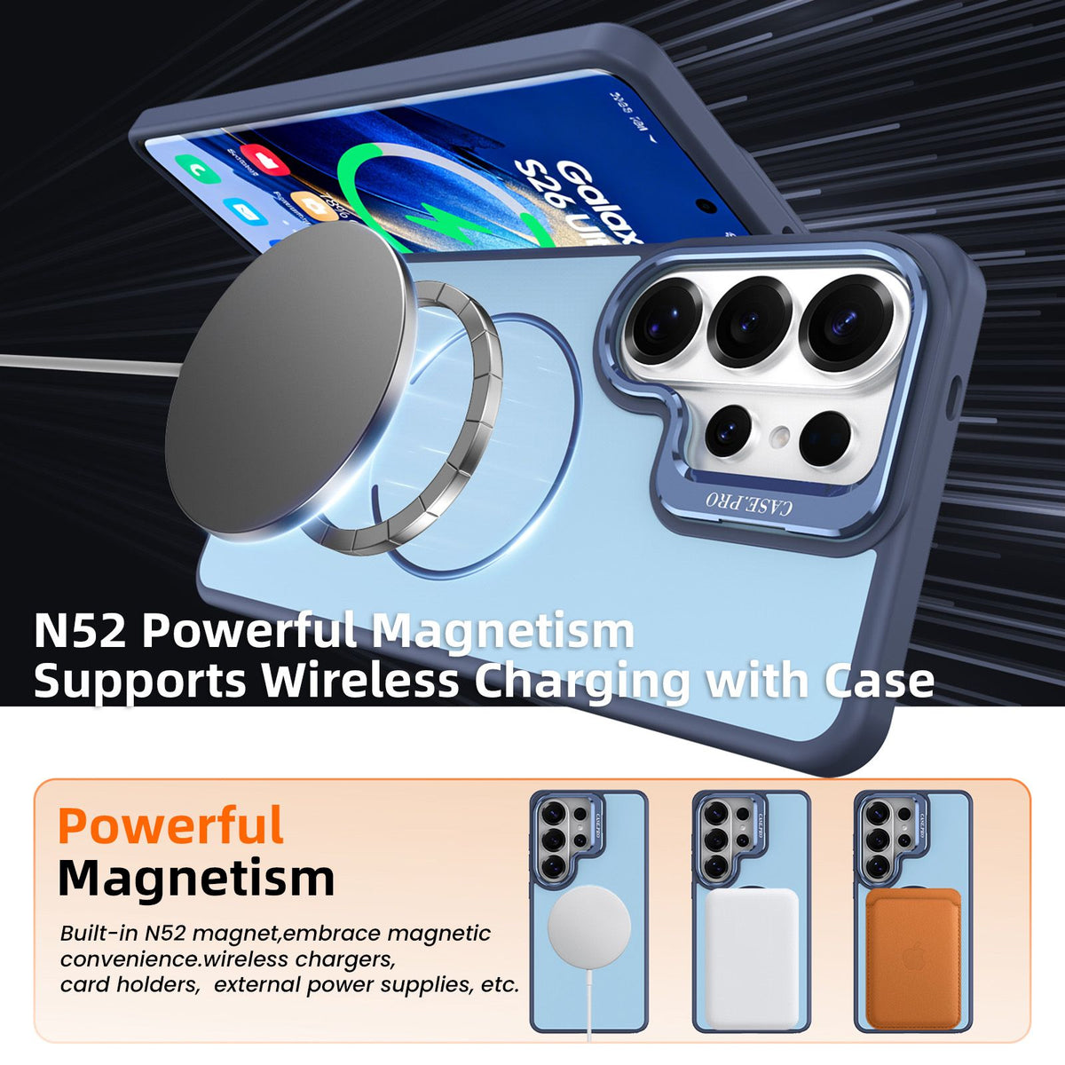 for Samsung Galaxy S26 Ultra Case with Lens Kickstand, Support Wireless Charging, Military-Grade Shockproof Protection Slim Magnetic Case, Soft TPU Acrylic PC Material, Blue