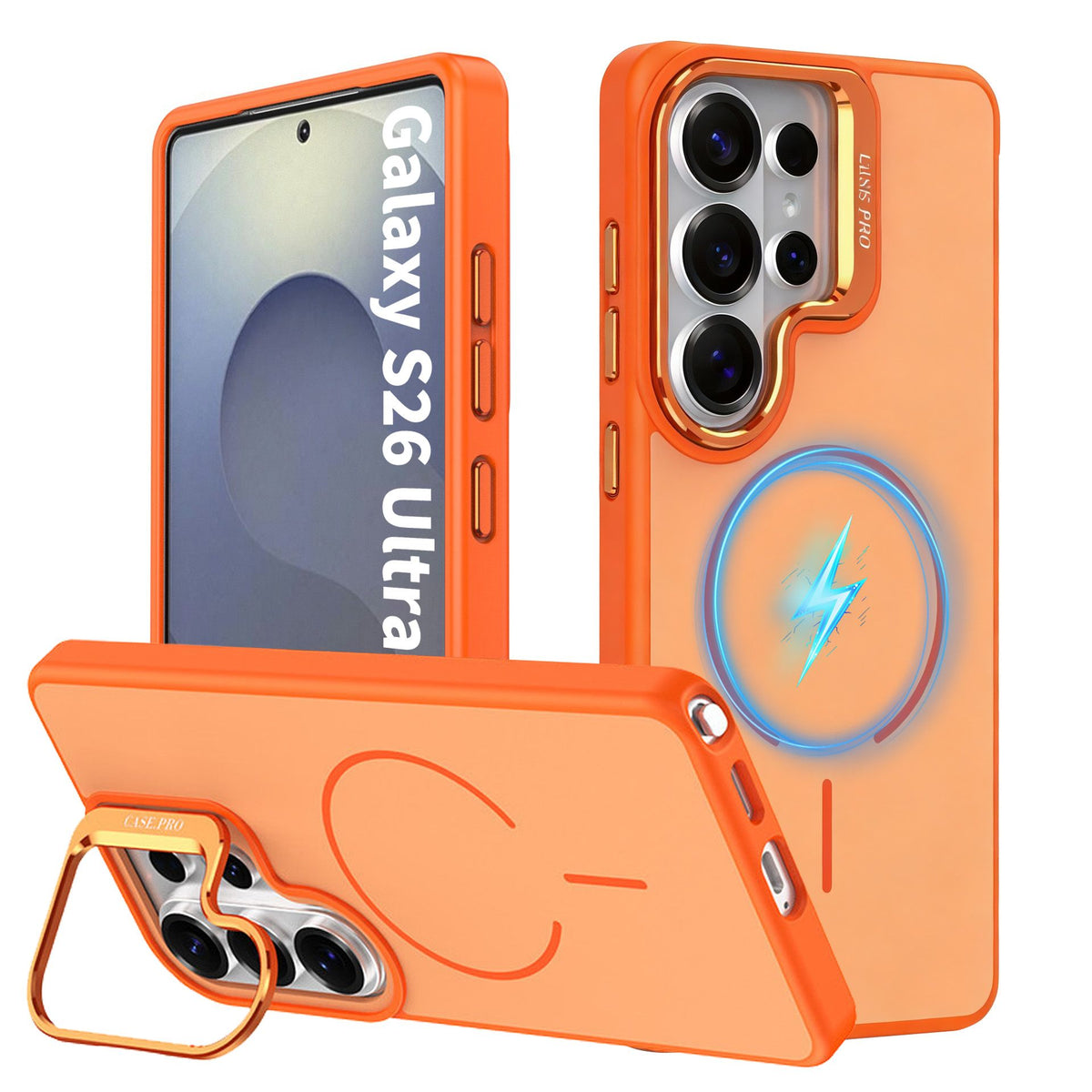 Samsung Galaxy S26 Ultra Case with Lens Kickstand, Support Wireless Charging, Military-Grade Shockproof Protection Slim Magnetic Case, Orange