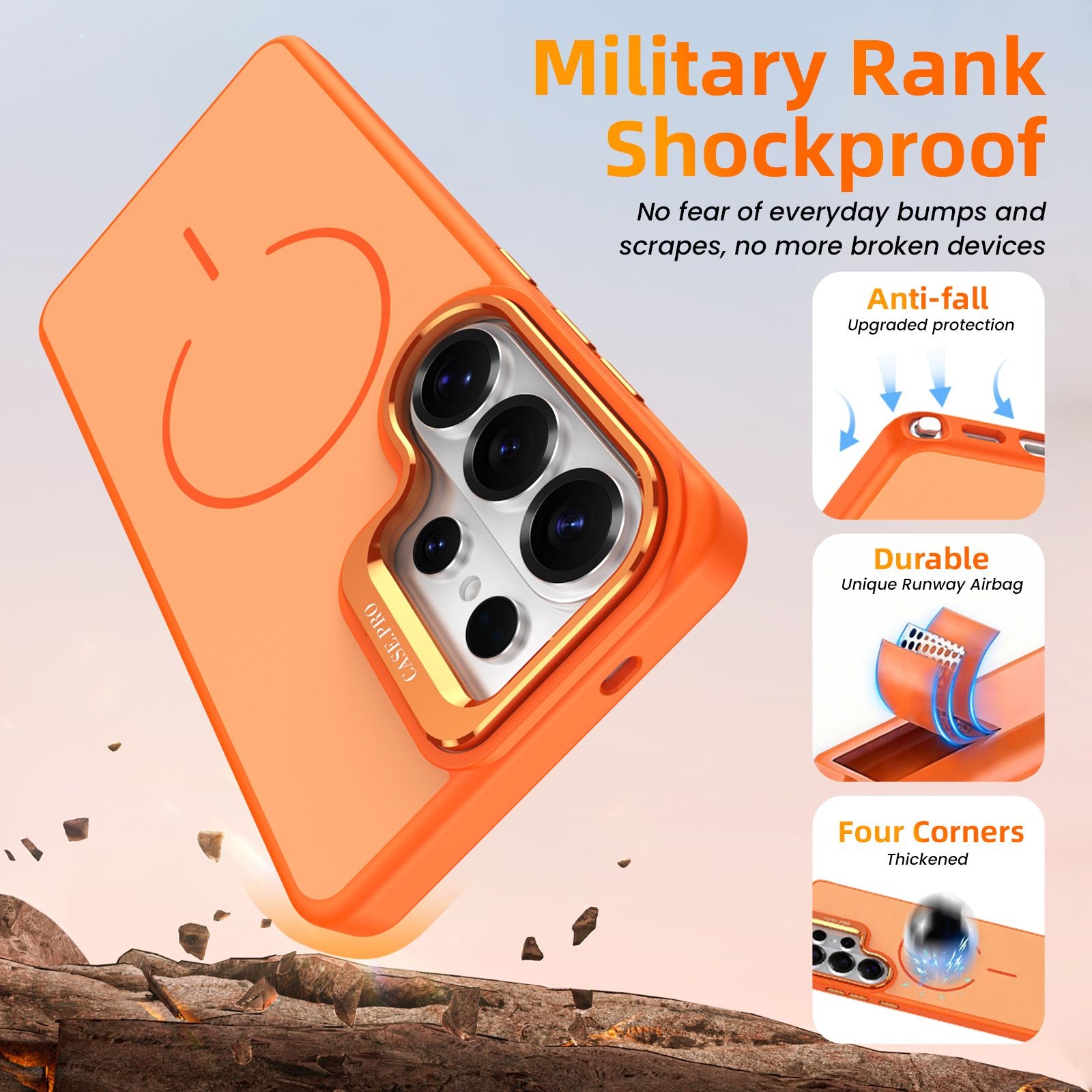 Samsung Galaxy S26 Ultra Case with Lens Kickstand, Support Wireless Charging, Military-Grade Shockproof Protection Slim Magnetic Case, Orange