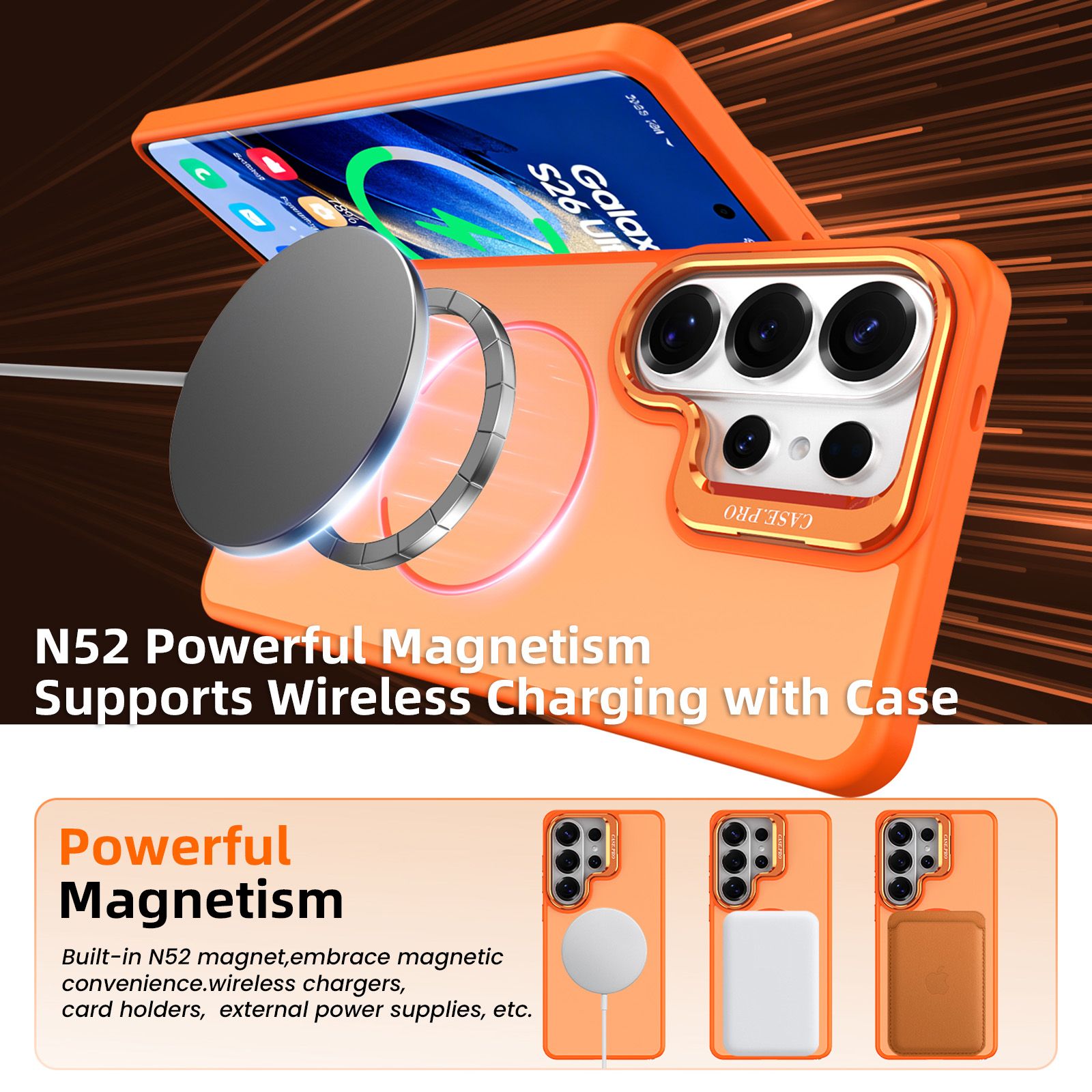 Samsung Galaxy S26 Ultra Case with Lens Kickstand, Support Wireless Charging, Military-Grade Shockproof Protection Slim Magnetic Case, Orange