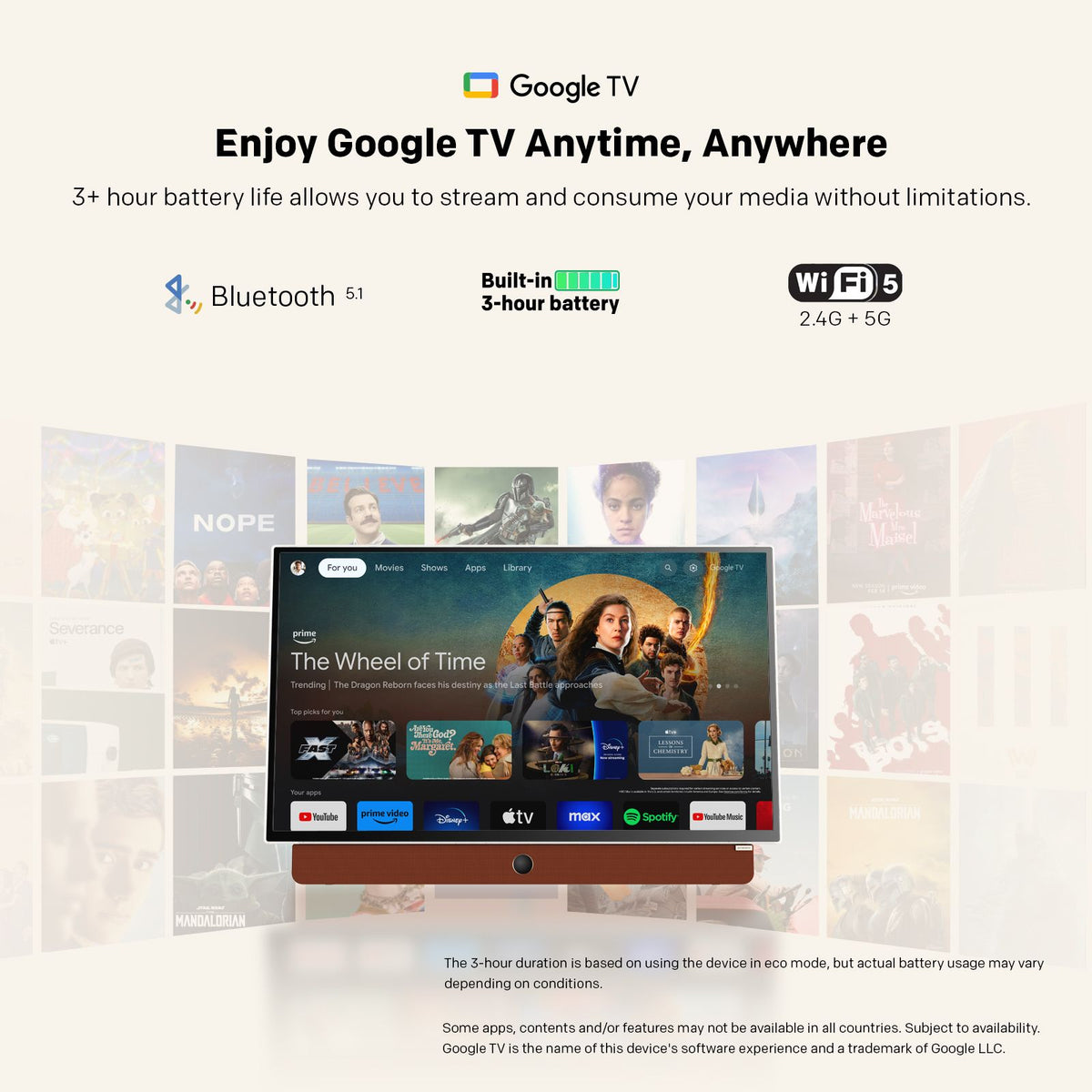 SKYWORTH 24-Inch 12V Portable TV,3-Hour Battery,1080P FHD,Wide Viewing Angle,Smart Google TV, HDR10, Dolby Audio, LED, Bluetooth, Chromecast and Google Assistant