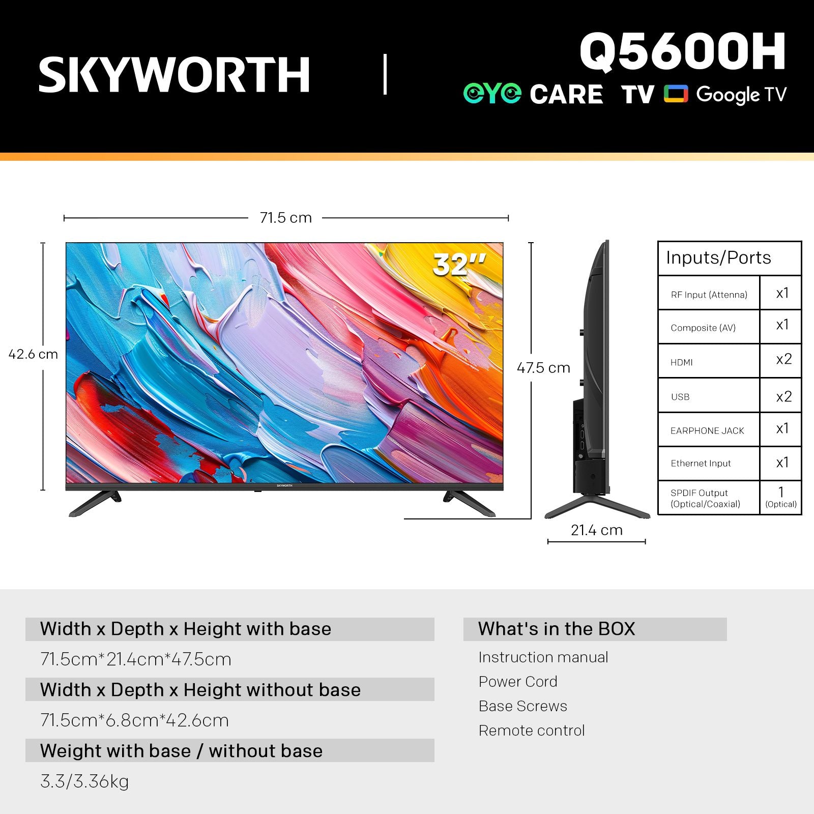 SKYWORTH Q5600H 32''-QLED+ Smart Google TV, HD, HDR10 HLG, Find-My Remote, Dolby Audio, Screen Casting, Bezel Less Design, Voice Control