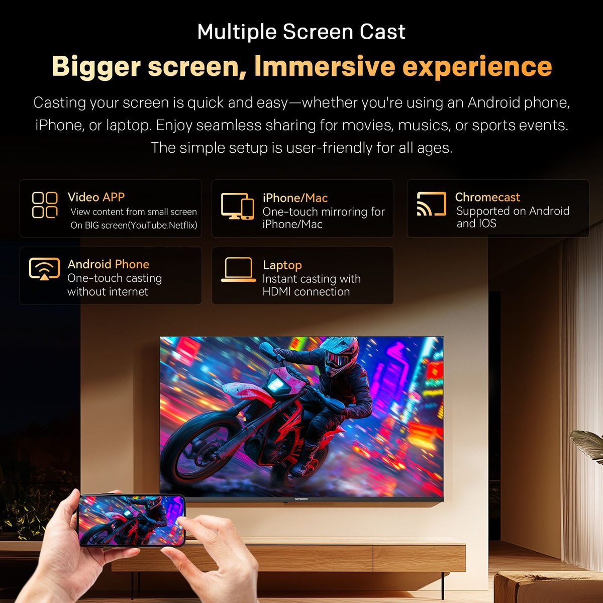 SKYWORTH 43" E5500H EyeCare Smart Google TV, 1080P FHD, HDR10 HLG, Find-My Remote, AI Picture Processing, Dolby Audio, Screen Casting, Bezel Less Design, Voice Control