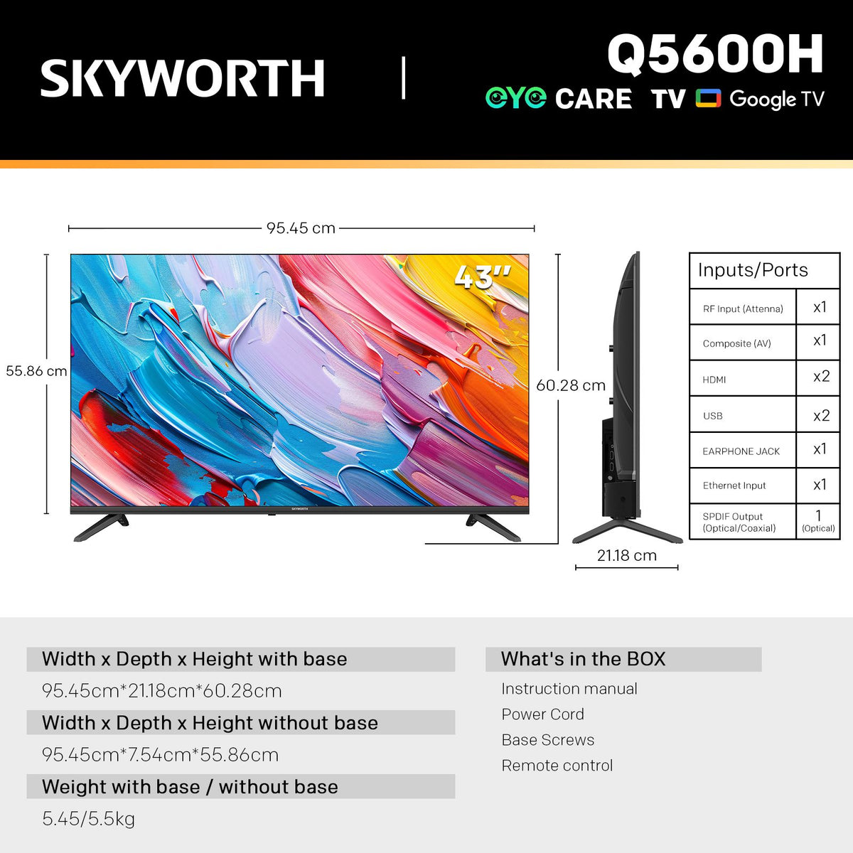 SKYWORTH Q5600H 43''-QLED+ Smart Google TV, FHD, HDR10 HLG, Find-My Remote,Dolby Audio, Screen Casting, Bezel Less Design, Voice Control