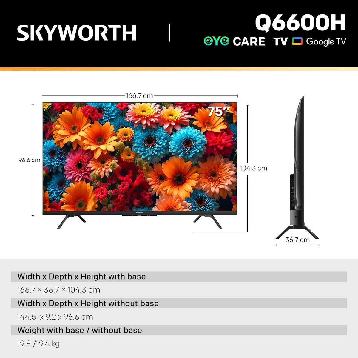 SKYWORTH Q6600H 75" - QLED+ 4K Smart Google TV, Gen 5 Quantum Dot, 120Hz Refresh Rate, AI-Powered Picture, Dolby Audio DBX-tv Audio, Voice Control, Screen Casting, HDR, Eco-Friendly Design