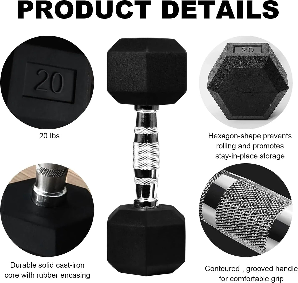 20lb to 45lb Rubber Coated Hex Dumbbells (sold in pairs) — Pair of 20LB / ~9kg