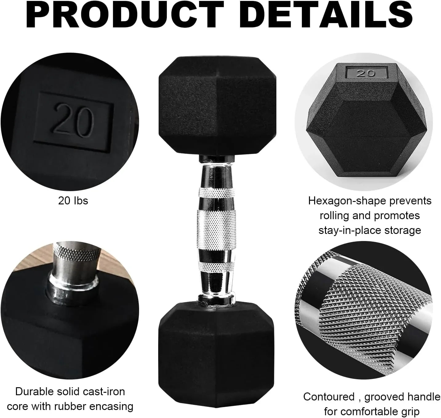 20lb to 45lb Rubber Coated Hex Dumbbells (sold in pairs) — Pair of 20LB / ~9kg