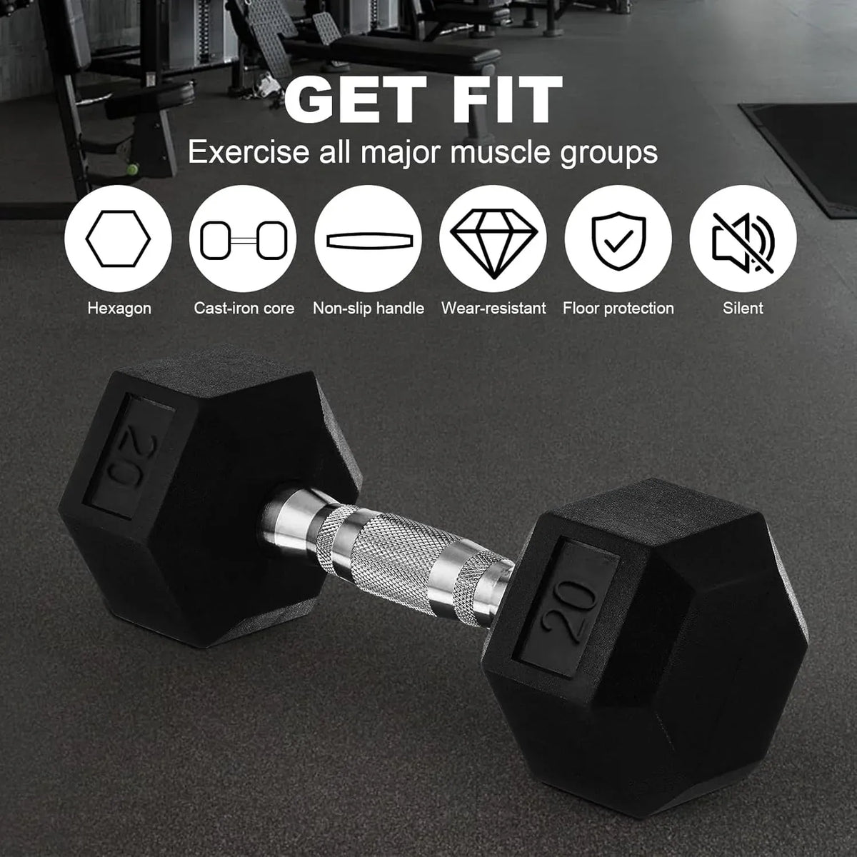 20lb to 45lb Rubber Coated Hex Dumbbells (sold in pairs) — Pair of 35LB / ~16kg