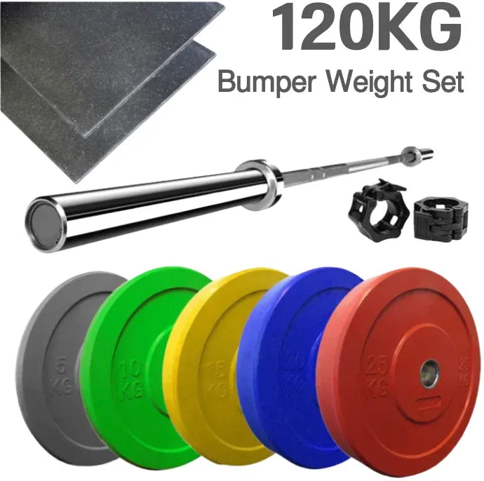 120kg Color Olympic Bumper Plate &amp; Barbell Set with Flooring Mats
