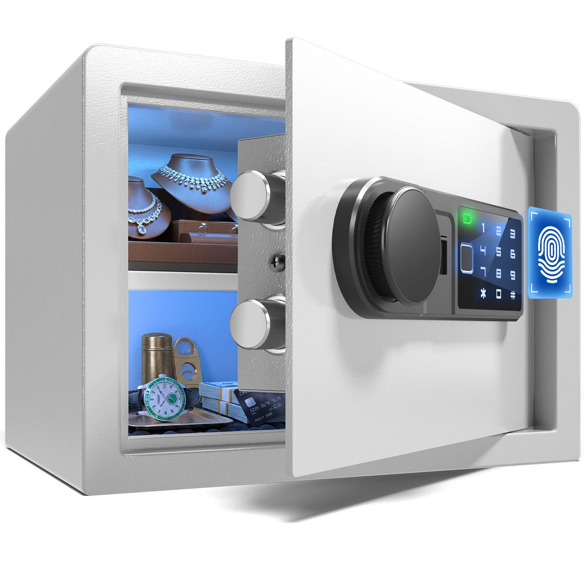 Wendlon White Safe Box Touch Screen with Fingerprint/Electronic Password, Backlit Keypad, LED Light, Anti-Rust &amp; Anti-Theft, Home/Office, 0.78 Cubic Feet,25×35×25 cm