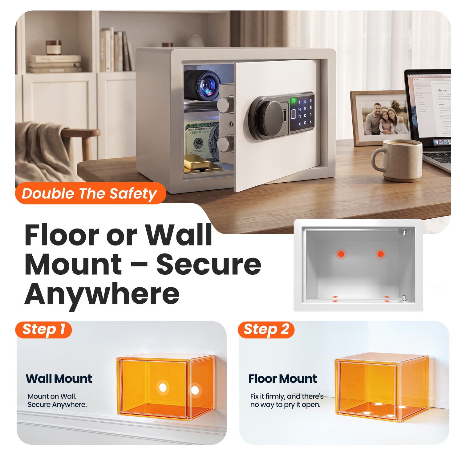 Wendlon White Safe Box Touch Screen with Fingerprint/Electronic Password, Backlit Keypad, LED Light, Anti-Rust & Anti-Theft, Home/Office, 0.78 Cubic Feet,25×35×25 cm