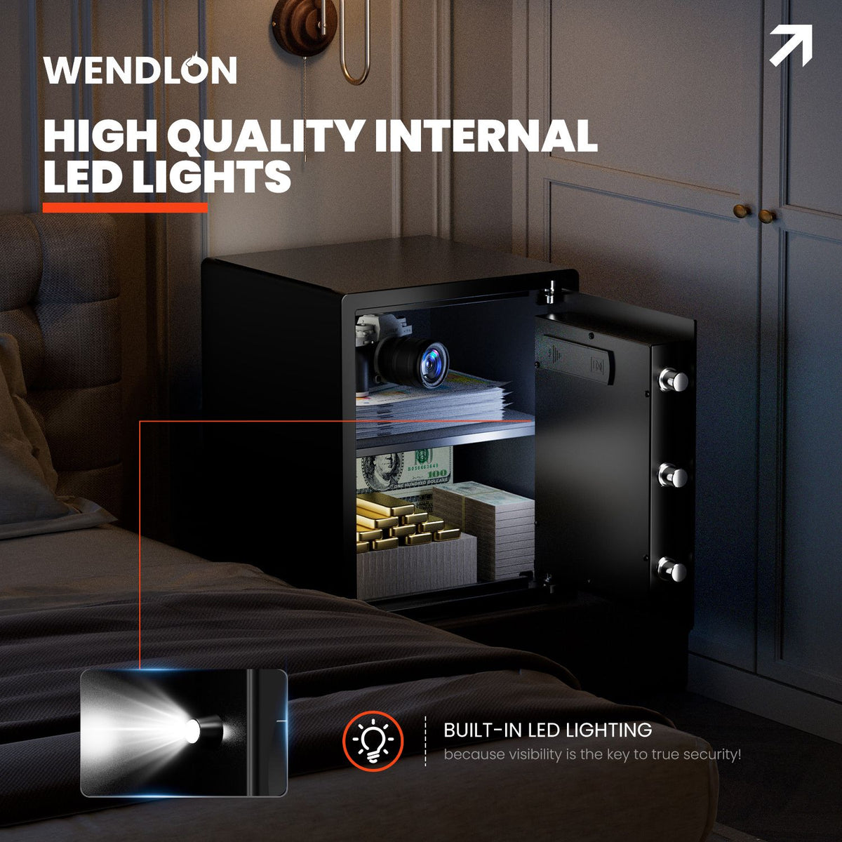 Wendlon Touch Screen Safe Box with Silent Mode, Backlit Keypad, LED Light, Anti-Rust & Anti-Theft, Home/Office, 1.69 Cubic Feet, 33×42×35 cm, Black