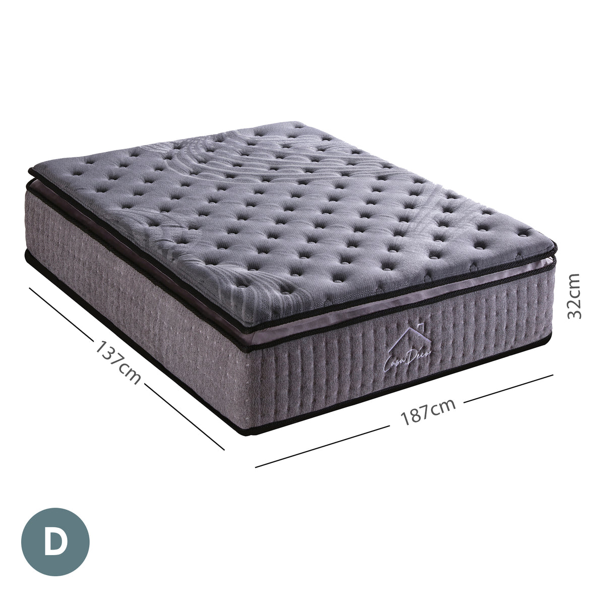 Casa Decor Bamboo Charcoal Mattress Pocket Spring Pillowtop 5 Zone 32cm Depth - Double - Charcoal