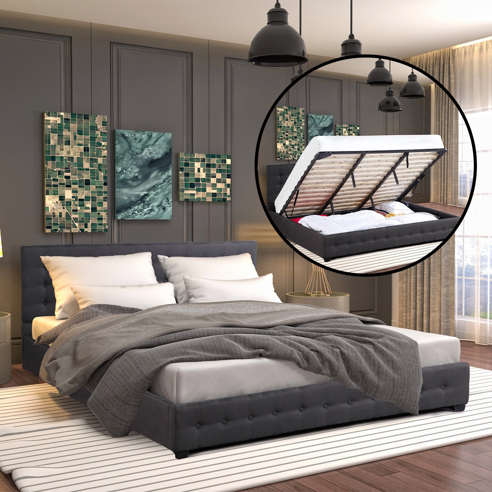 Milano Decor Eden Gas Lift Bed With Headboard Platform Storage Dark Grey Fabric - King Single - Dark Grey