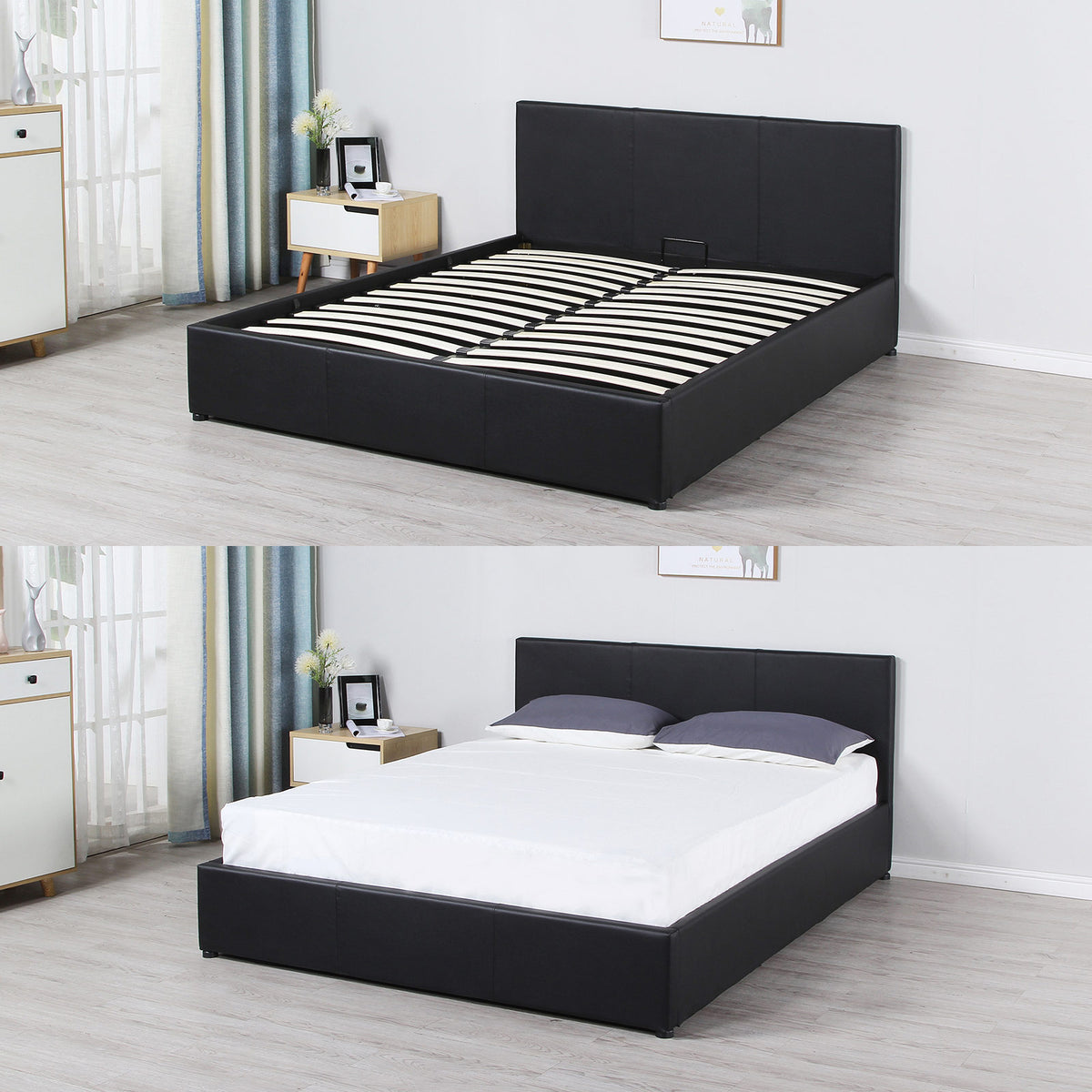 Milano Luxury Gas Lift Bed Frame And Headboard Double Queen King Black Dark Grey - Double - Black