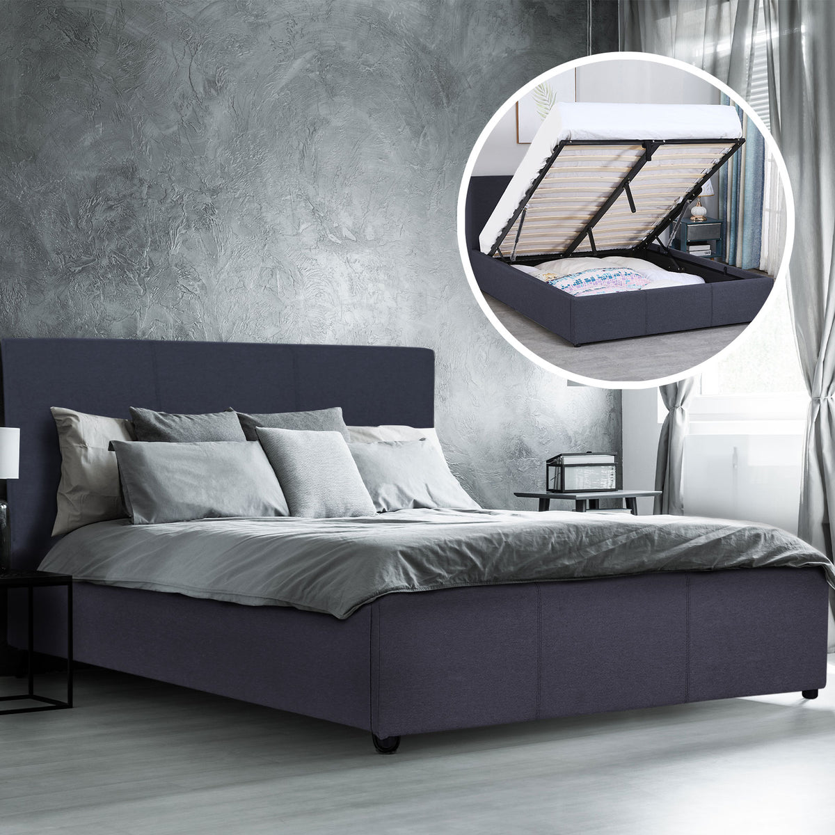 Milano Luxury Gas Lift Bed Frame And Headboard Double Queen King Black Dark Grey - King - Dark Grey