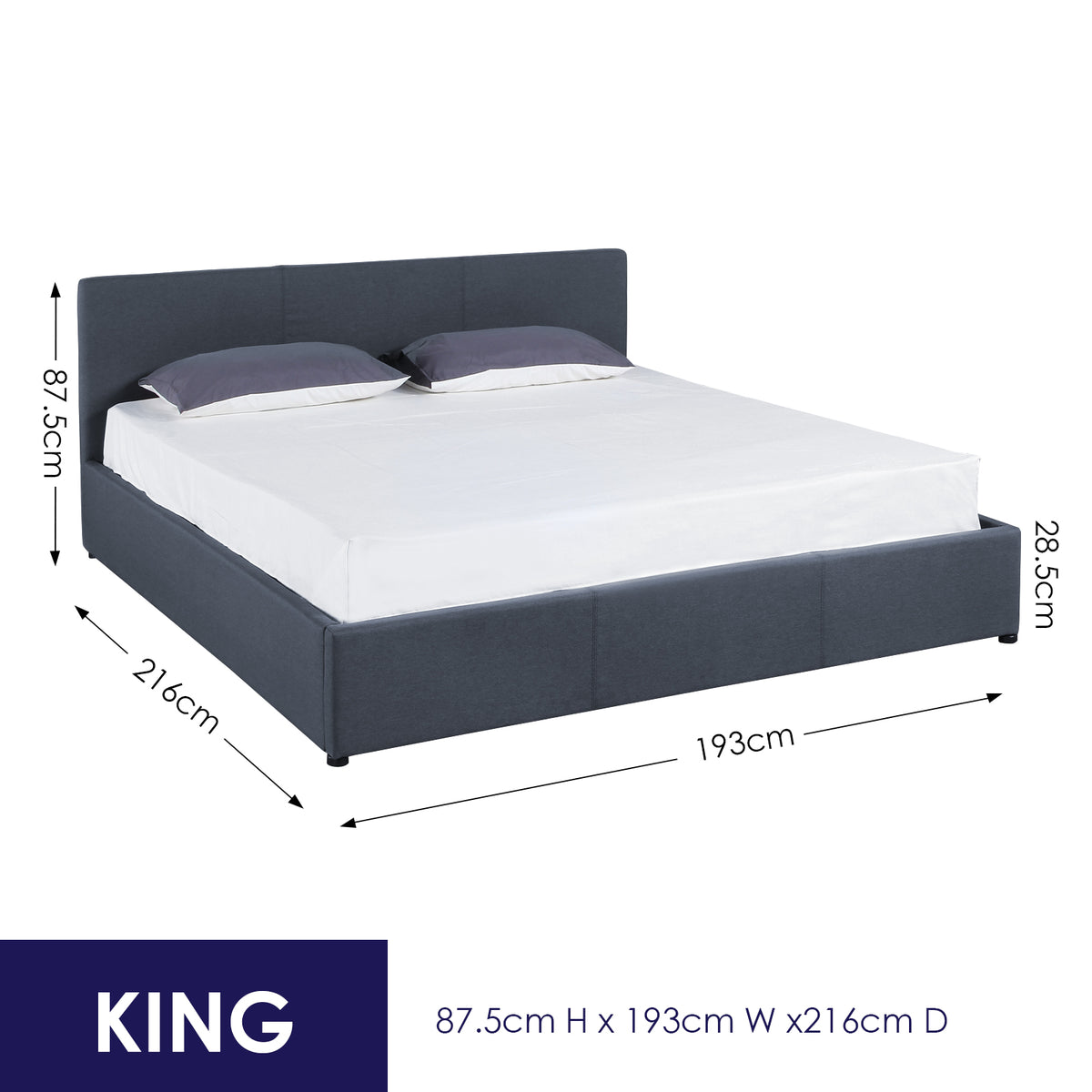 Milano Luxury Gas Lift Bed Frame And Headboard Double Queen King Black Dark Grey - King - Dark Grey