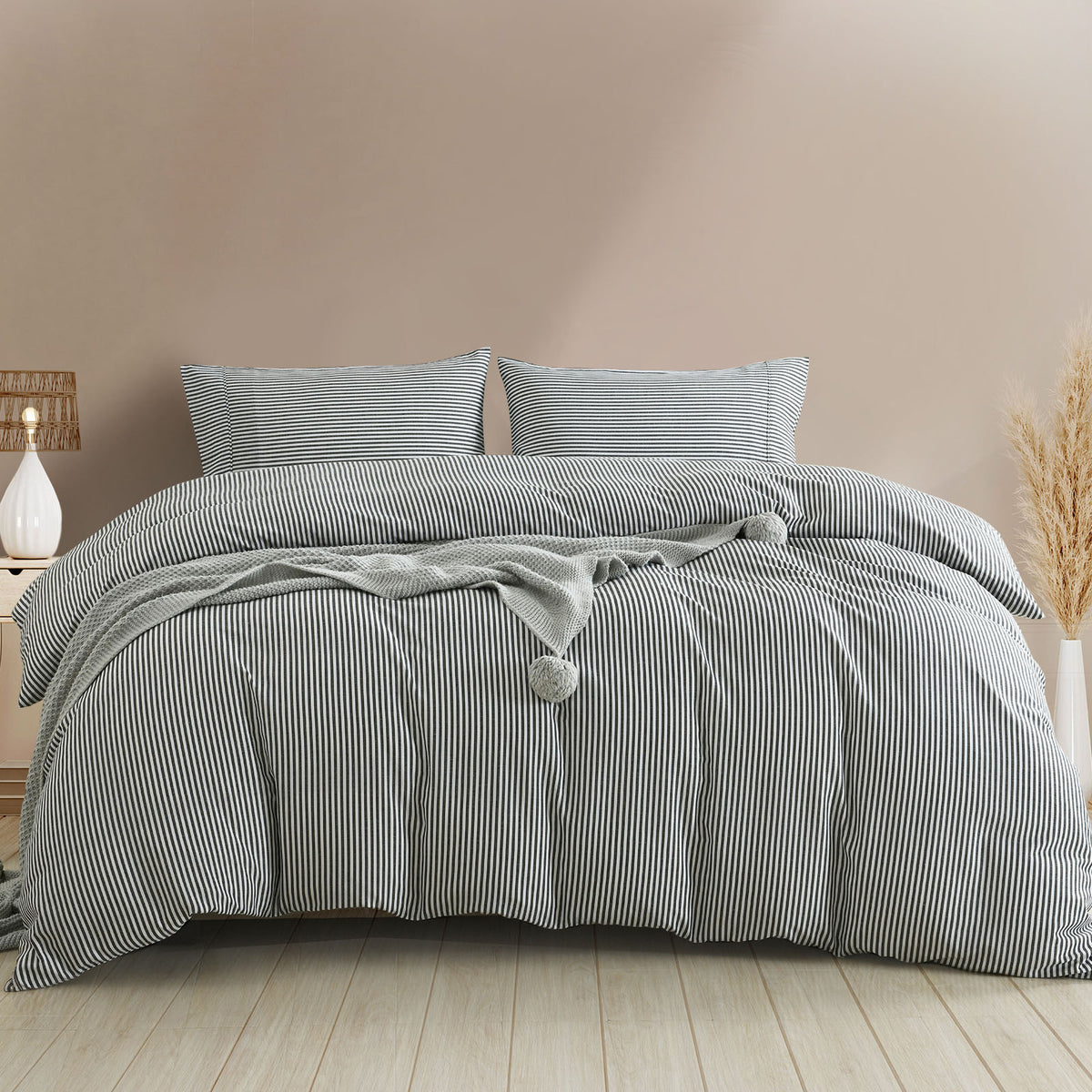 Royal Comfort Striped Flax Linen Blend Quilt Cover Set Soft Touch Bedding - King - Charcoal