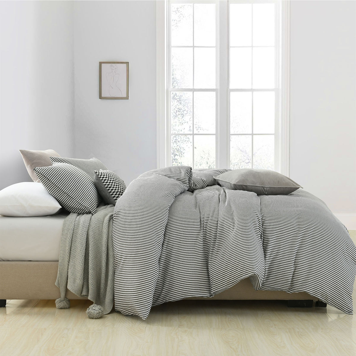 Royal Comfort Striped Flax Linen Blend Quilt Cover Set Soft Touch Bedding - King - Charcoal