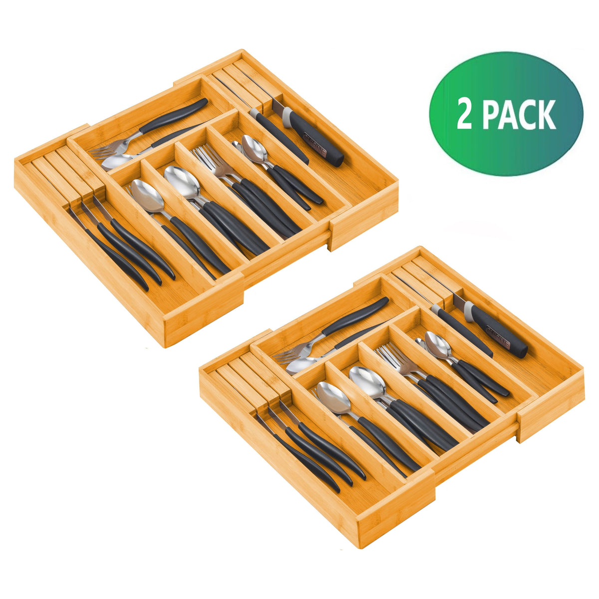 2 Pack Large Capacity Bamboo Expandable Drawer Organizer with Knife Block Holder for Home Kitchen Utensils