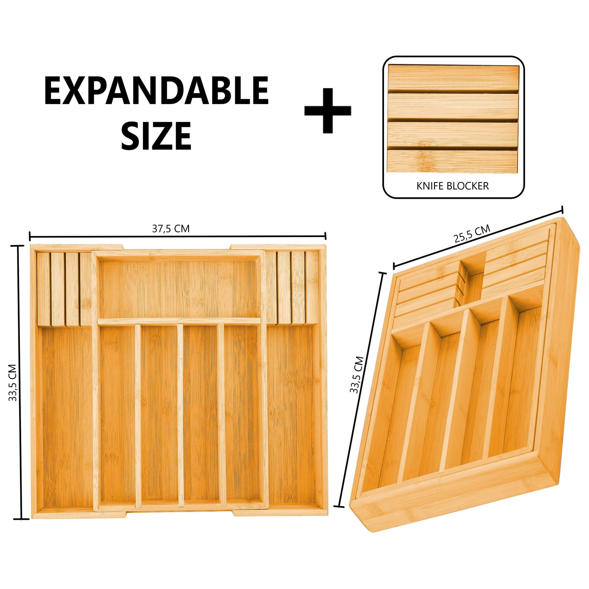 2 Pack Large Capacity Bamboo Expandable Drawer Organizer with Knife Block Holder for Home Kitchen Utensils