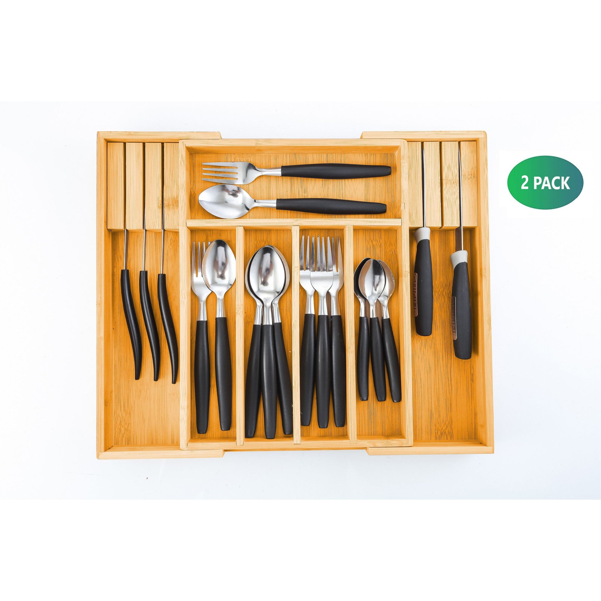 2 Pack Large Capacity Bamboo Expandable Drawer Organizer with Knife Block Holder for Home Kitchen Utensils