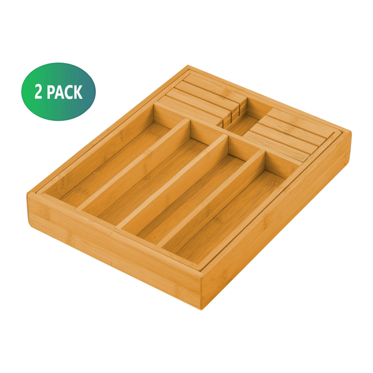 2 Pack Large Capacity Bamboo Expandable Drawer Organizer with Knife Block Holder for Home Kitchen Utensils