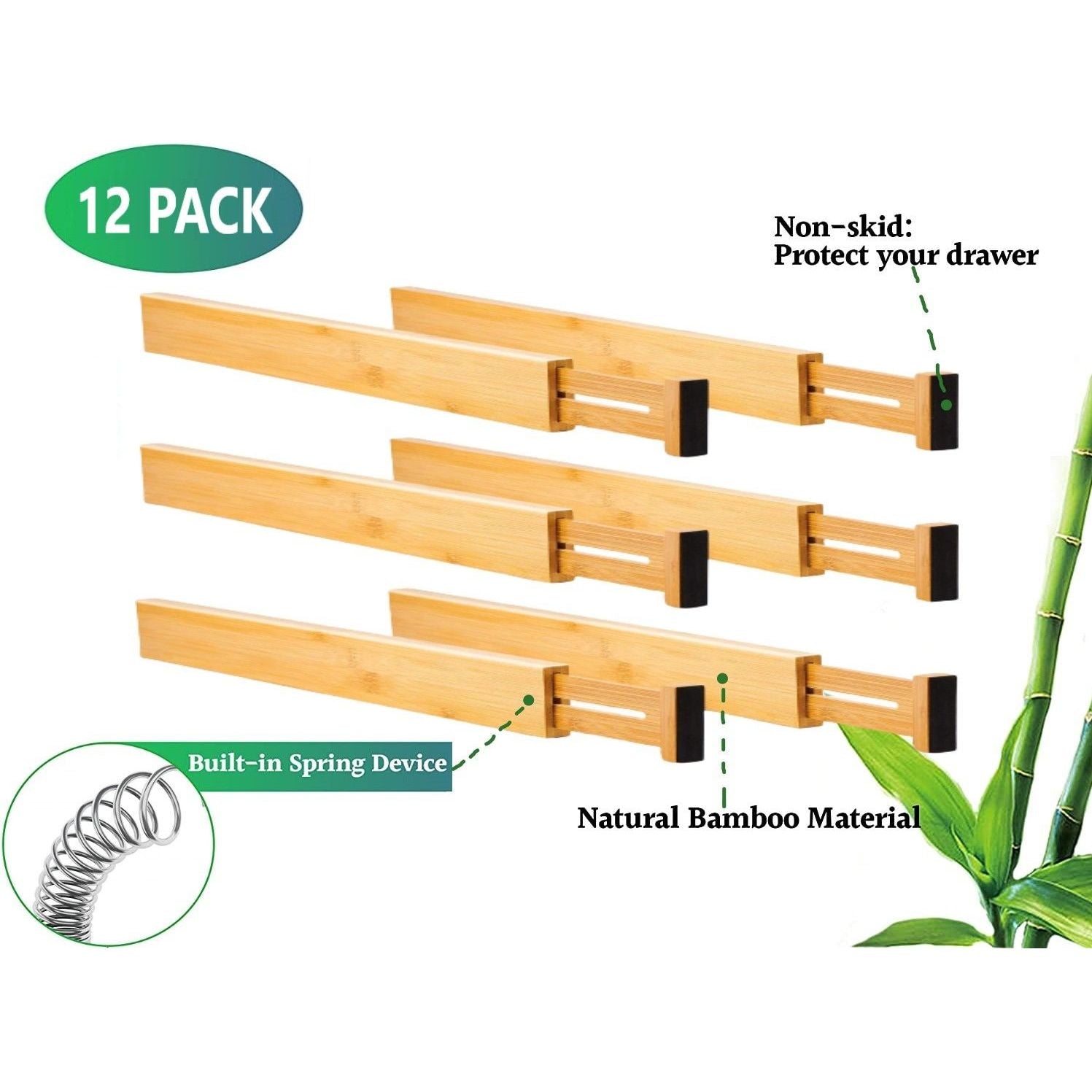 12 Pack Bamboo Adjustable Kitchen Drawer Dividers (Large, 44-55 cm)