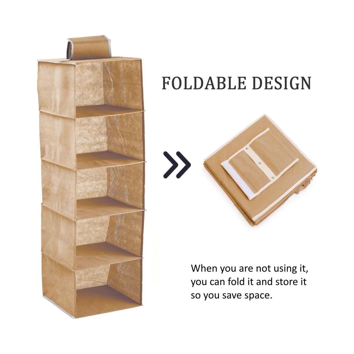 2 Pack 5-Tier Shelf Hanging Closet Organizer and Storage for Clothes (Beige)