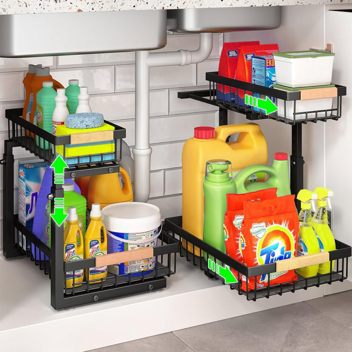 2-Tier Kitchen Under Sink Organiser Storage with Height Adjustable, Unique Slide Rail &amp; Suction Cups for Storage