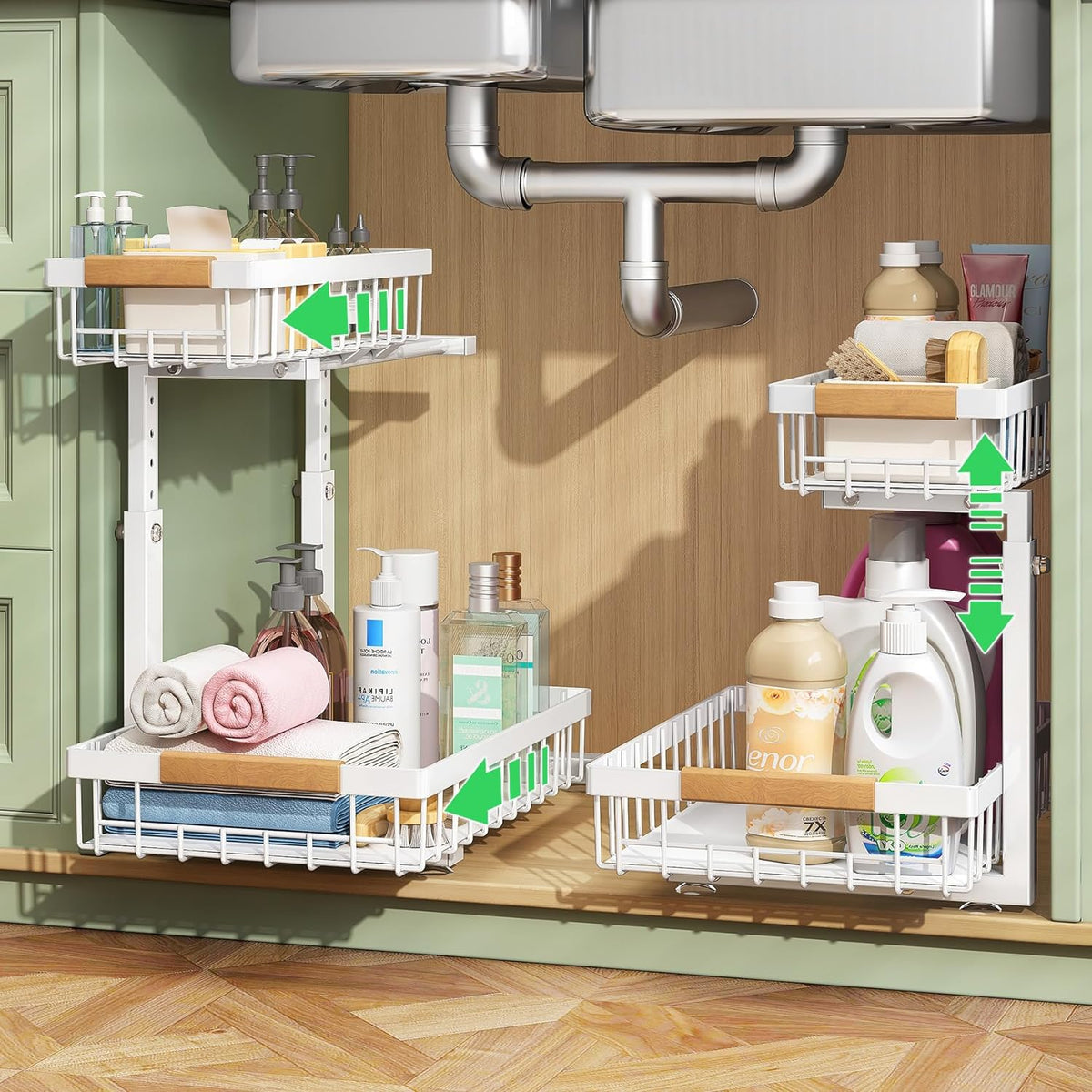 2-Tier Kitchen Under Sink Organiser Storage with Height Adjustable, Unique Slide Rail &amp; Suction Cups for Storage