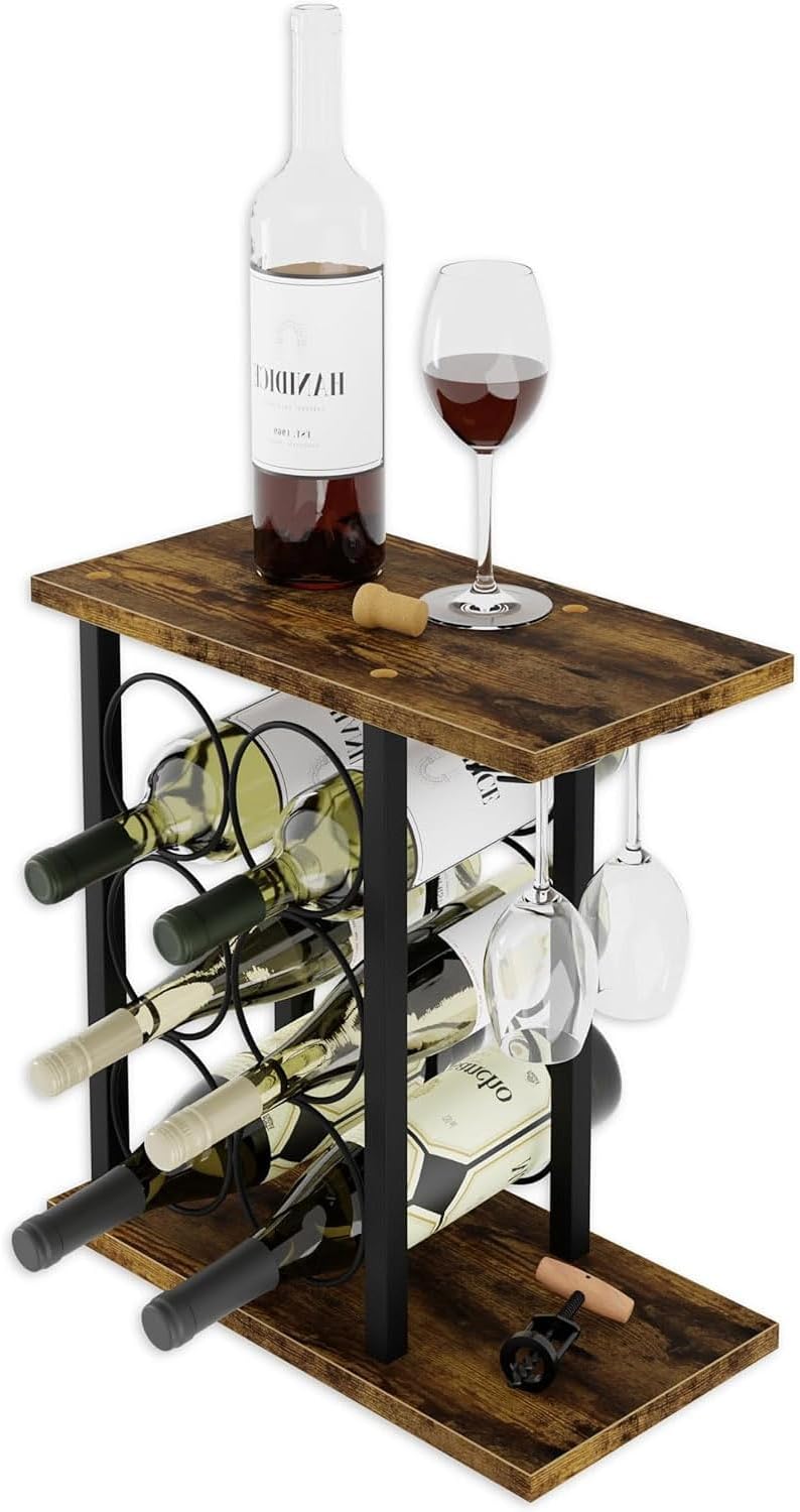 Wine Rack Countertop Wooden &amp; Metal Holder for 6 Bottles &amp; 2 Glasses
