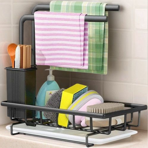 Sink Caddy Sponge Holder with Drain Tray, Brush Holder &amp; Dishcloth Holder for Kitchen