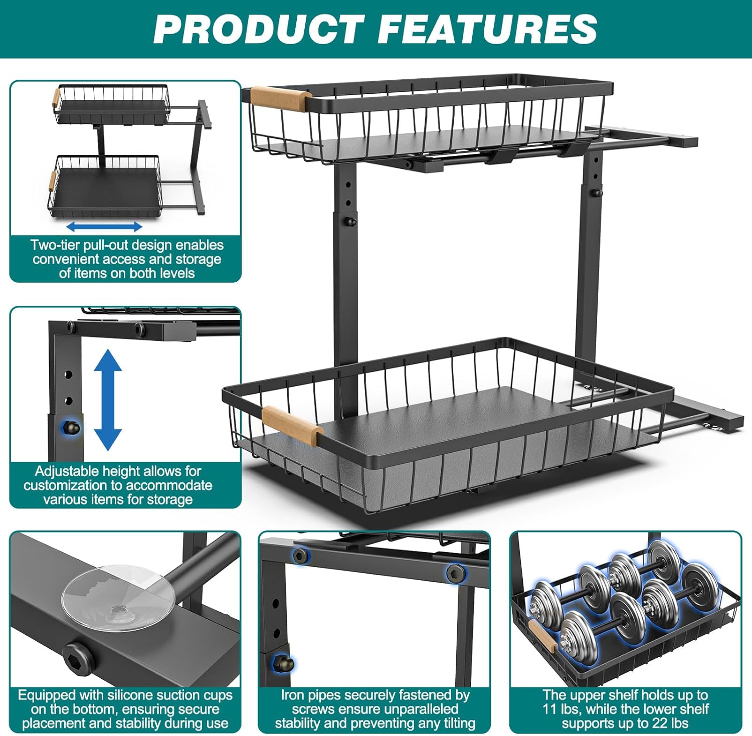 Set 2 pcs - 2-Tier Kitchen Under Sink Organiser Storage with Height Adjustable, Unique Slide Rail & Suction Cups for Storage