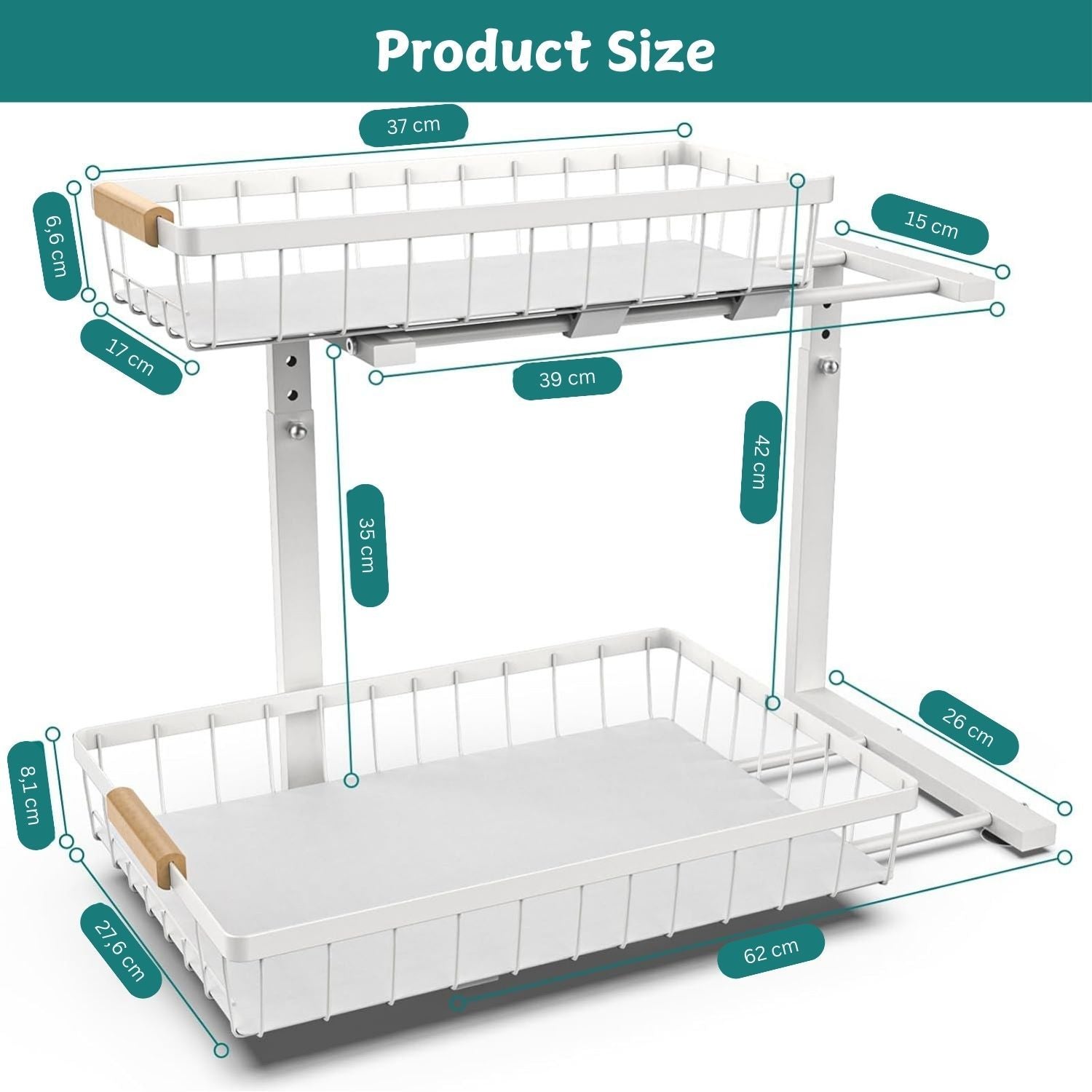 Set 2 pcs - 2-Tier Kitchen Under Sink Organiser Storage with Height Adjustable, Unique Slide Rail & Suction Cups for Storage