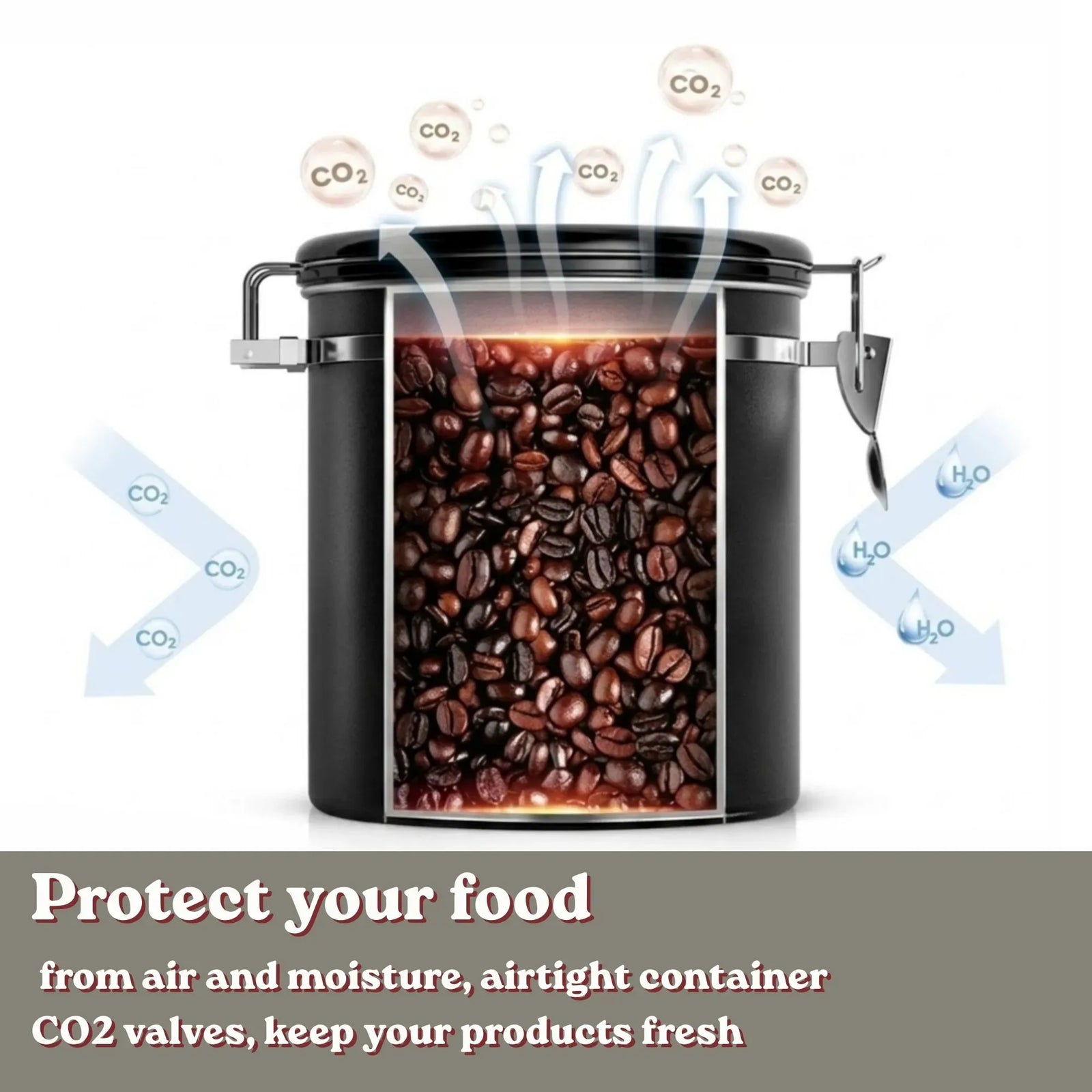 CARLA HOME Airtight Coffee Canister 1.8L - Stainless Steel - Black - Stainless Steel Coffee