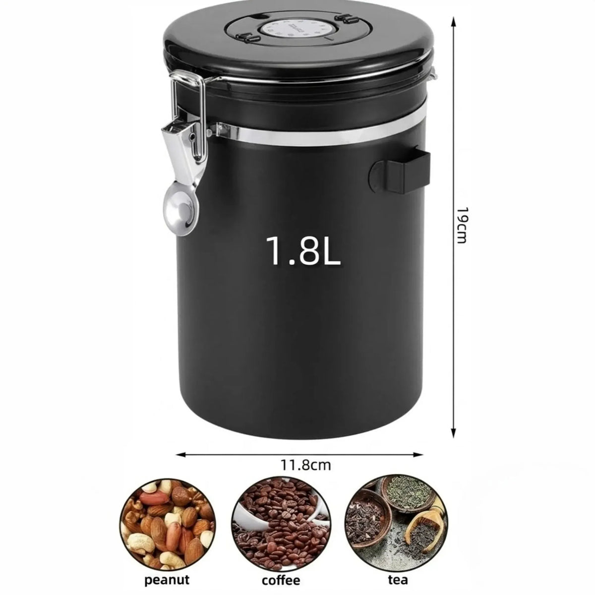 CARLA HOME Airtight Coffee Canister 1.8L - Stainless Steel - Black - Stainless Steel Coffee