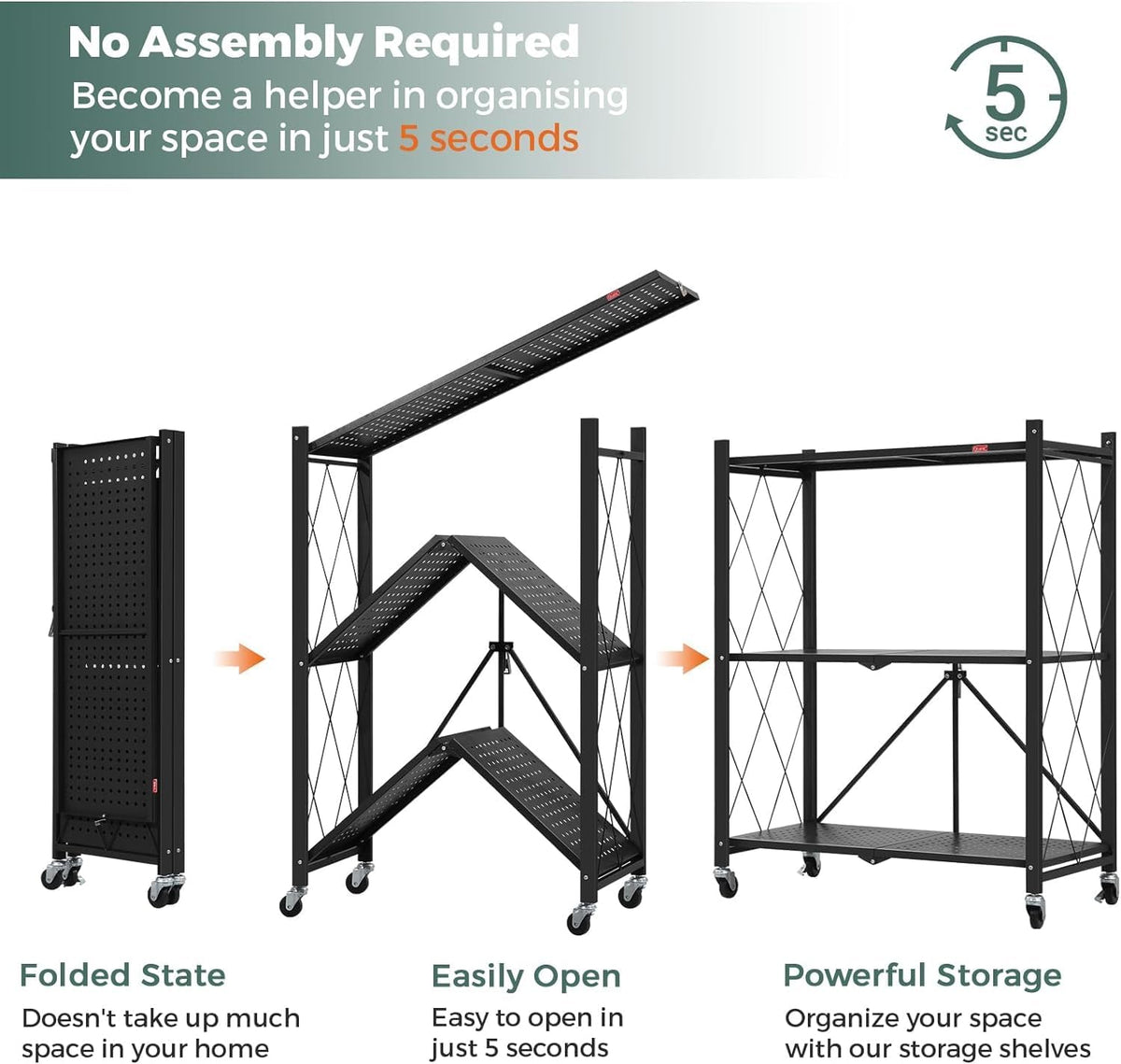 CARLA HOME 3-Tier Foldable Storage Shelf with Wheels for Kitchen, Garage, Pantry or Basement (Black)