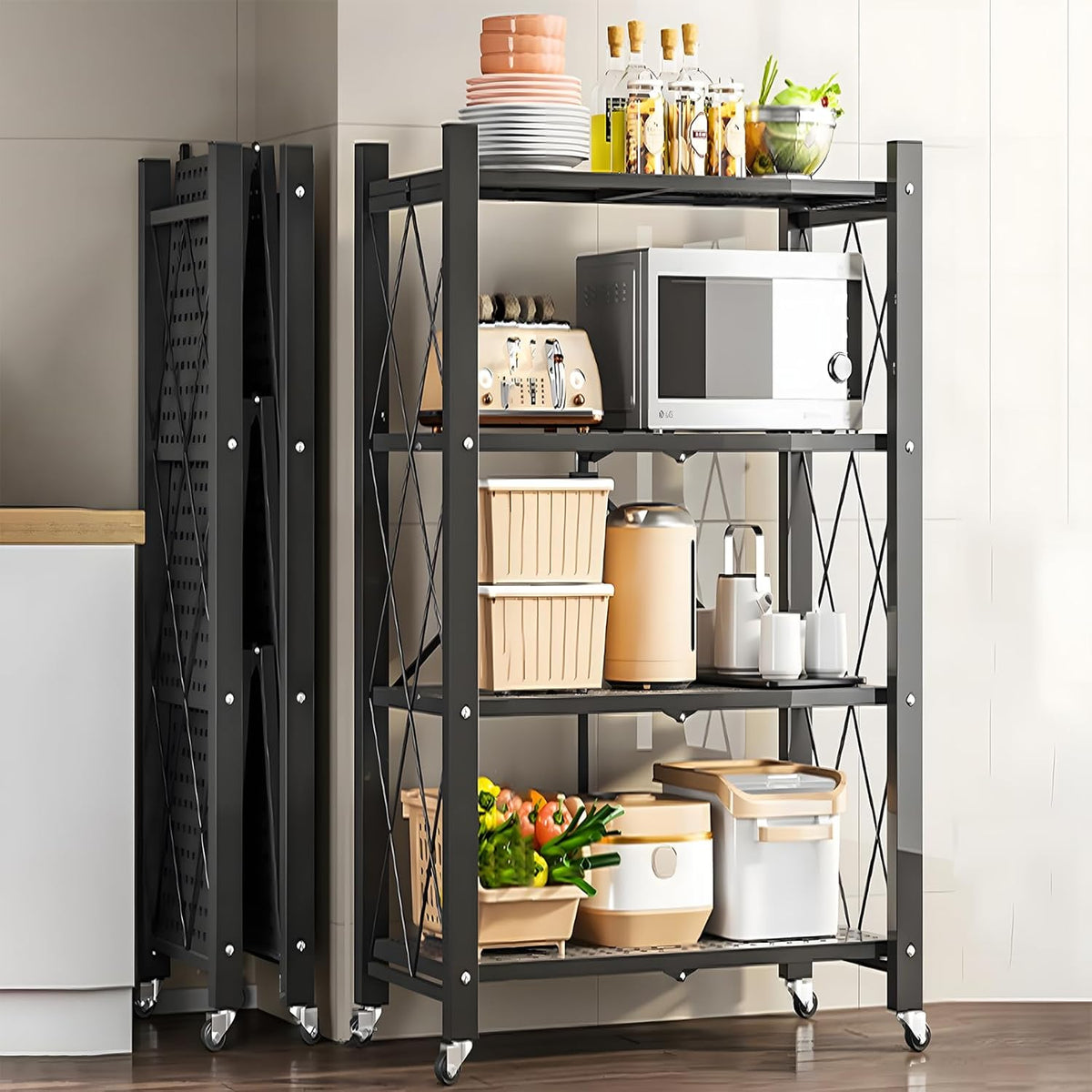 CARLA HOME 4-Tier Foldable Storage Shelf with Wheels for Kitchen, Garage, Pantry or Basement (Black)