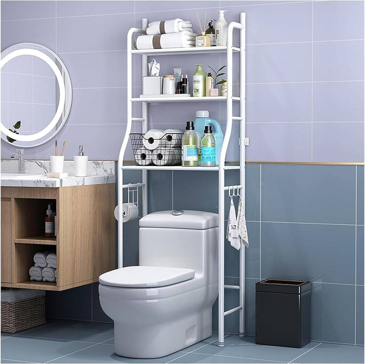 CARLA HOME 3-Tier Over The Toilet Storage Rack with Hooks &amp; Paper Holder for Bathroom &amp; Laundry Room