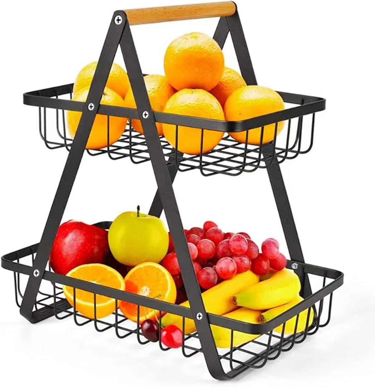 CARLA HOME 2-Tier Fruit Basket Stand for Kitchen Countertop for Fruits, Vegetables, Bread &amp; Snacks with Wooden Handle
